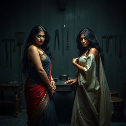 A dramatic and intense scene set within an interrogation room, featuring two South Asian mistresses dressed in elegant sarees, exuding authority and power