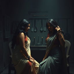 A dramatic and intense scene set within an interrogation room, featuring two South Asian mistresses dressed in elegant sarees, exuding authority and power