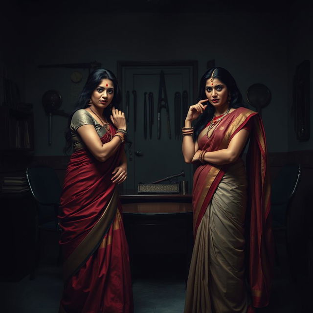 A dramatic and intense scene set within an interrogation room, featuring two South Asian mistresses dressed in elegant sarees, exuding authority and power