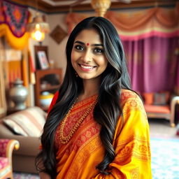 An Indian woman, featuring beautiful, prominent features, standing confidently with an expressive smile