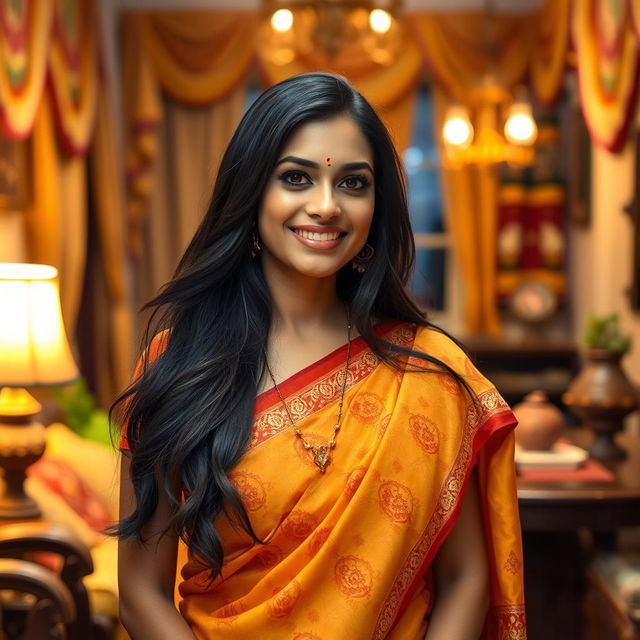 An Indian woman, featuring beautiful, prominent features, standing confidently with an expressive smile