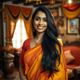 An Indian woman, featuring beautiful, prominent features, standing confidently with an expressive smile