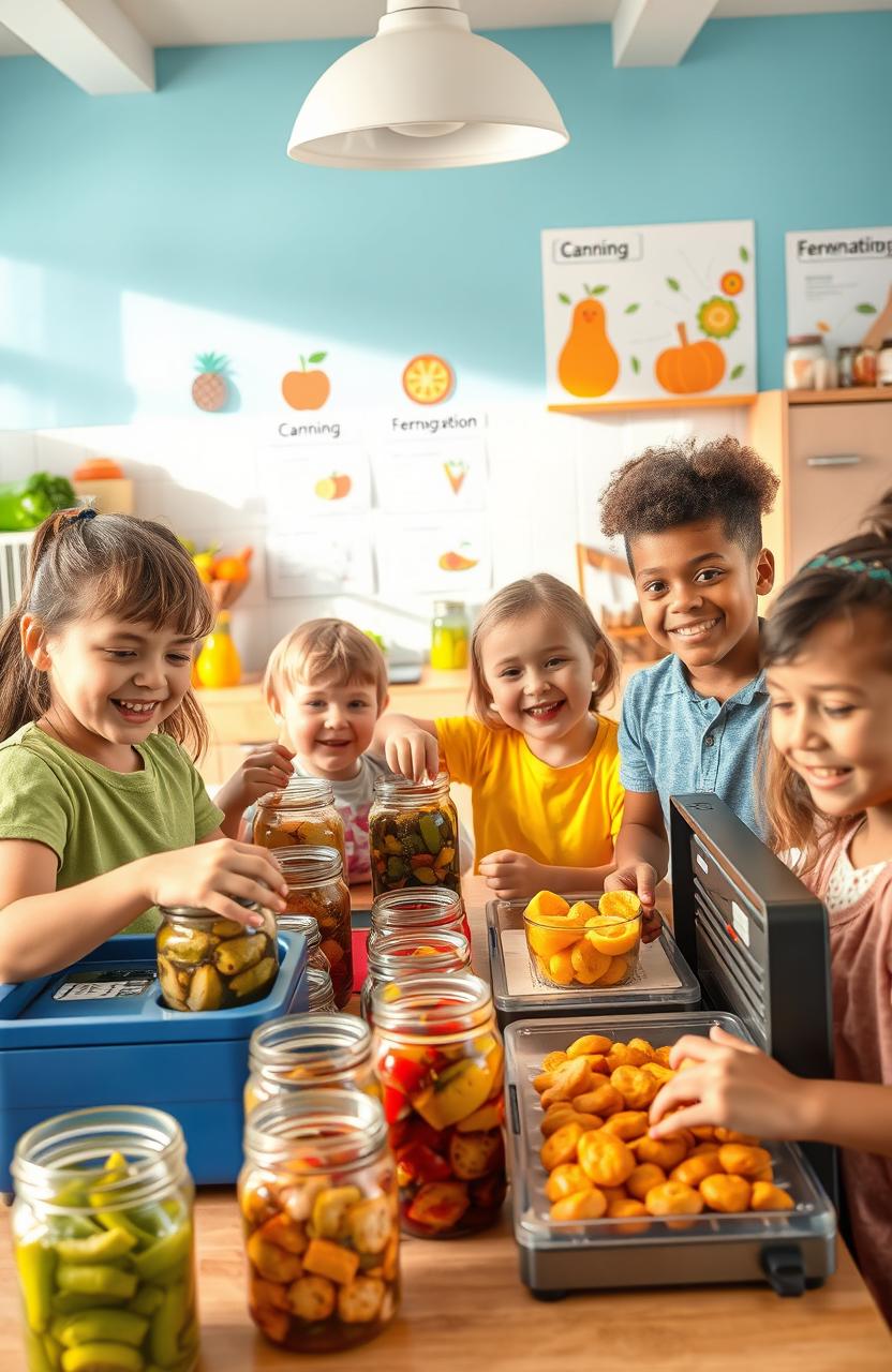 A colorful educational scene showing kids experimenting with food preservation techniques