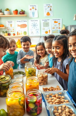 A colorful educational scene showing kids experimenting with food preservation techniques