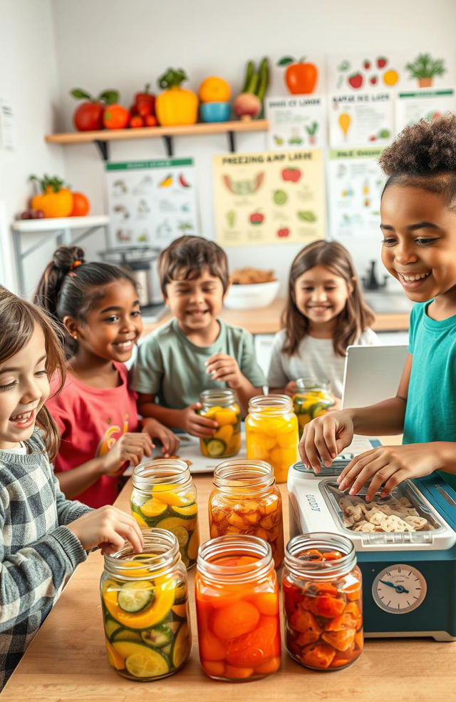 A colorful educational scene showing kids experimenting with food preservation techniques