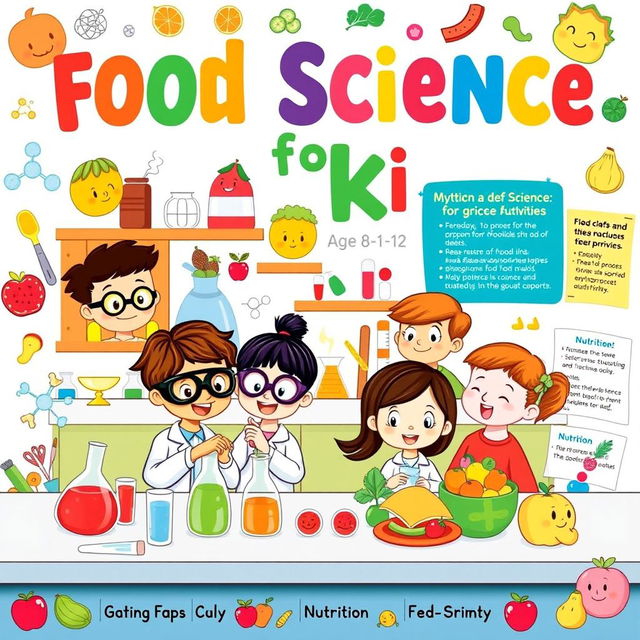 A whimsical and colorful book cover for 'Food Science for Kids'