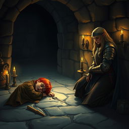 In a dimly lit church basement at night, a fantasy scene unfolds