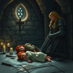 In a dimly lit church basement at night, a fantasy scene unfolds