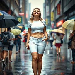 Full length front view of a sexy, beautiful, attractive curvy girl standing confidently on a busy sidewalk in a heavy rainstorm