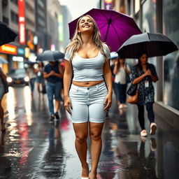 Full length front view of a sexy, beautiful, attractive curvy girl standing confidently on a busy sidewalk in a heavy rainstorm