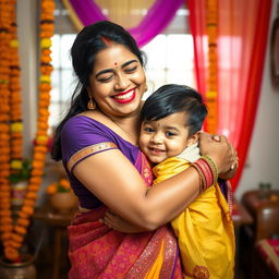An intimate moment in a warm Indian family setting, capturing a mother and son sharing a playful and affectionate embrace