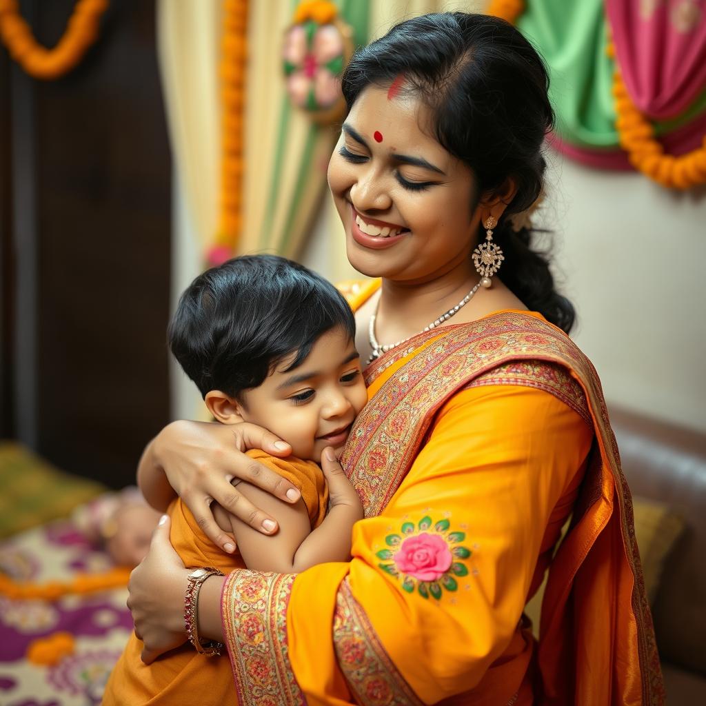 An intimate moment in a warm Indian family setting, capturing a mother and son sharing a playful and affectionate embrace