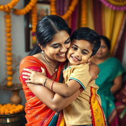 An intimate moment in a warm Indian family setting, capturing a mother and son sharing a playful and affectionate embrace