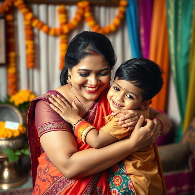 An intimate moment in a warm Indian family setting, capturing a mother and son sharing a playful and affectionate embrace