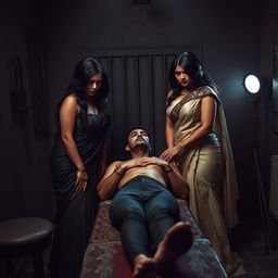 A dramatic interrogation room scene showcasing two South Asian mistresses dressed in elegant sarees, embodying confidence and power