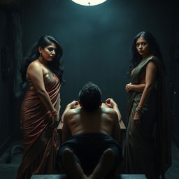 A dramatic interrogation room scene showcasing two South Asian mistresses dressed in elegant sarees, embodying confidence and power