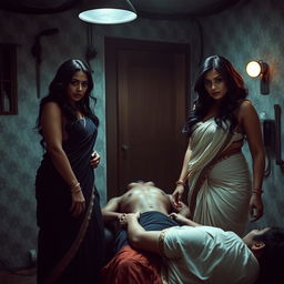 A dramatic interrogation room scene showcasing two South Asian mistresses dressed in elegant sarees, embodying confidence and power