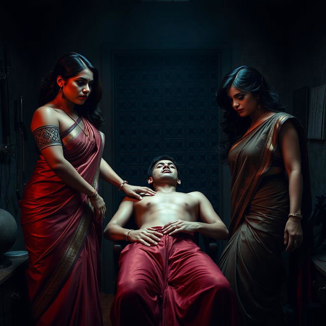 A dramatic interrogation room scene showcasing two South Asian mistresses dressed in elegant sarees, embodying confidence and power