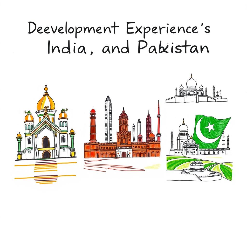 A hand-drawn project cover illustrating the development experiences of India, China, and Pakistan