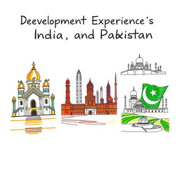 A hand-drawn project cover illustrating the development experiences of India, China, and Pakistan