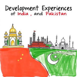A hand-drawn project cover illustrating the development experiences of India, China, and Pakistan