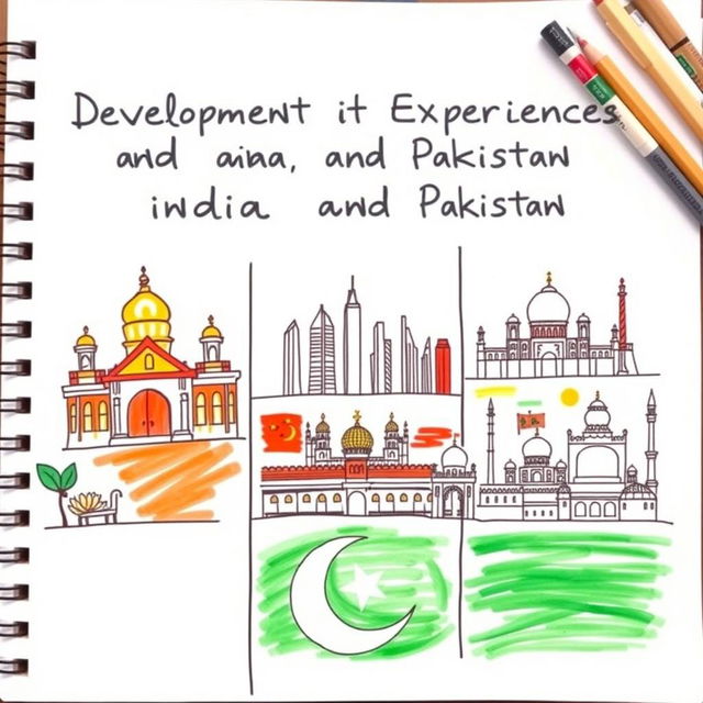 A hand-drawn project cover illustrating the development experiences of India, China, and Pakistan