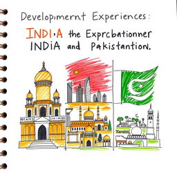 A hand-drawn project cover illustrating the development experiences of India, China, and Pakistan