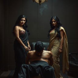 A dramatic interrogation room scene showcasing two South Asian mistresses dressed in elegant sarees, embodying confidence and allure