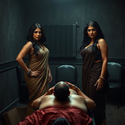 A dramatic interrogation room scene showcasing two South Asian mistresses dressed in elegant sarees, embodying confidence and allure