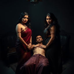 A dramatic interrogation room scene showcasing two South Asian mistresses dressed in elegant sarees, embodying confidence and allure