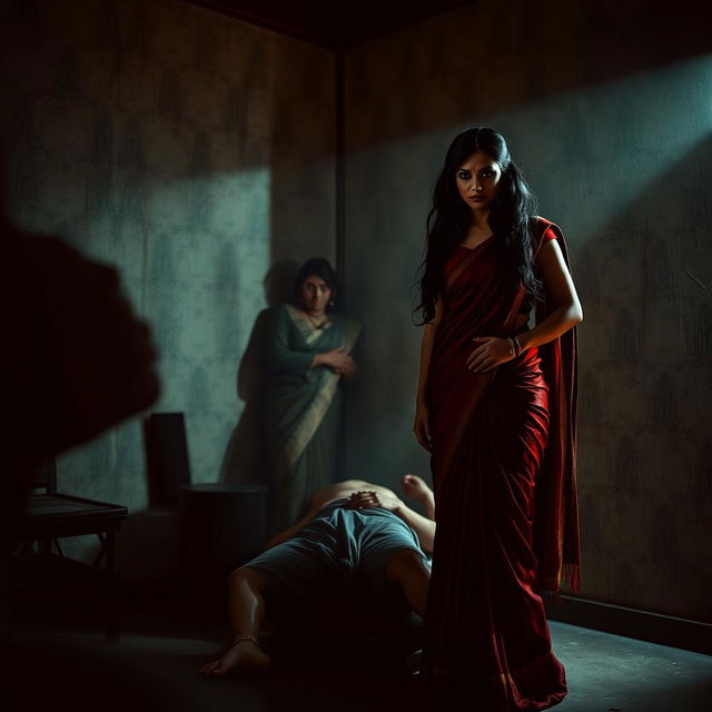 A dramatic interrogation room scene showcasing two South Asian mistresses dressed in elegant sarees, embodying confidence and allure