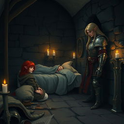 In a dimly lit church basement at night, a touching fantasy scene is set