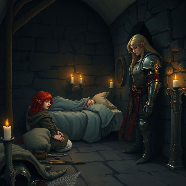 In a dimly lit church basement at night, a touching fantasy scene is set