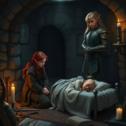 In a dimly lit church basement at night, a touching fantasy scene is set