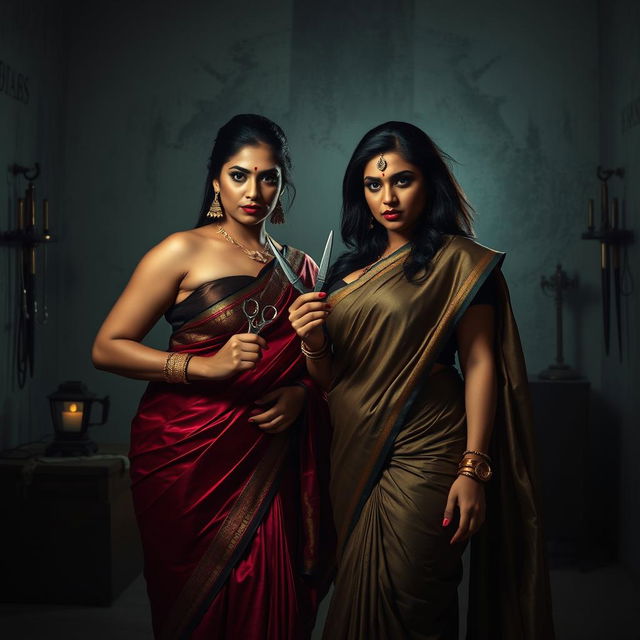 A dramatic and tense interrogation room scene featuring two South Asian mistresses dressed in luxurious sarees, exuding an aura of confidence and dominance