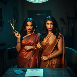 A dramatic and tense interrogation room scene featuring two South Asian mistresses dressed in luxurious sarees, exuding an aura of confidence and dominance