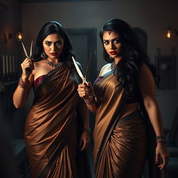 A dramatic and tense interrogation room scene featuring two South Asian mistresses dressed in luxurious sarees, exuding an aura of confidence and dominance