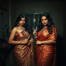 A dramatic and tense interrogation room scene featuring two South Asian mistresses dressed in luxurious sarees, exuding an aura of confidence and dominance