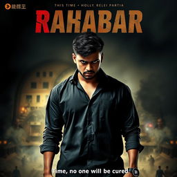 A dramatic movie poster for a film titled 'Rahabar', featuring an angry, sad, and injured young man standing proudly