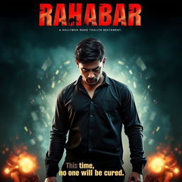 A dramatic movie poster for a film titled 'Rahabar', featuring an angry, sad, and injured young man standing proudly