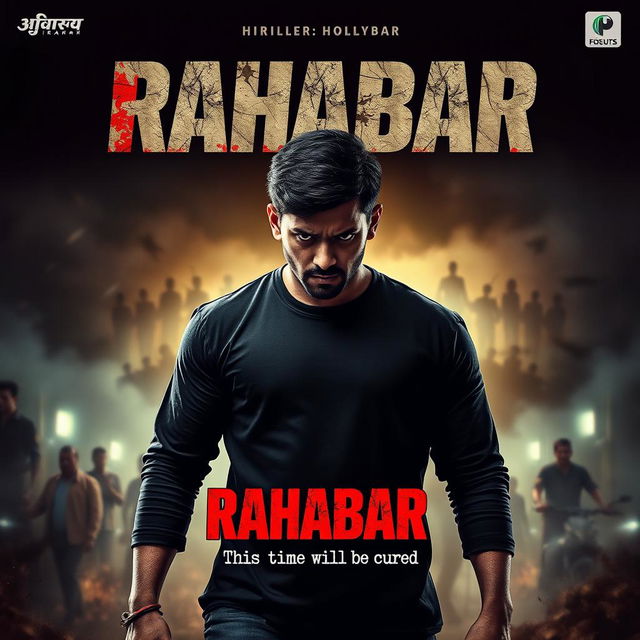 A dramatic movie poster for a film titled 'Rahabar', featuring an angry, sad, and injured young man standing proudly