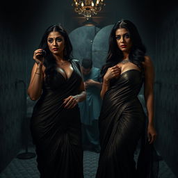 A dramatic interrogation room featuring two South Asian mistresses clad in luxurious sarees that accentuate their cleavage and curvy hourglass figures