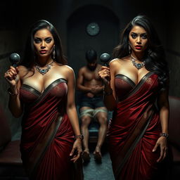 A dramatic interrogation room featuring two South Asian mistresses clad in luxurious sarees that accentuate their cleavage and curvy hourglass figures
