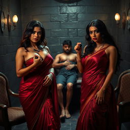 A dramatic interrogation room featuring two South Asian mistresses clad in luxurious sarees that accentuate their cleavage and curvy hourglass figures