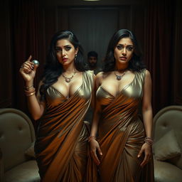 A dramatic interrogation room featuring two South Asian mistresses clad in luxurious sarees that accentuate their cleavage and curvy hourglass figures