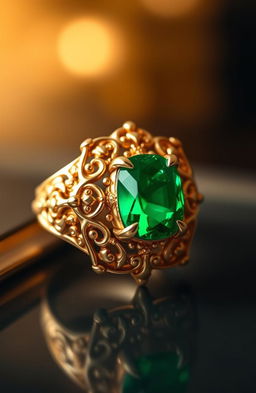 A stunning enlarged gold ring featuring a large, vibrant emerald green gem at its center, surrounded by ornate filigree detailing