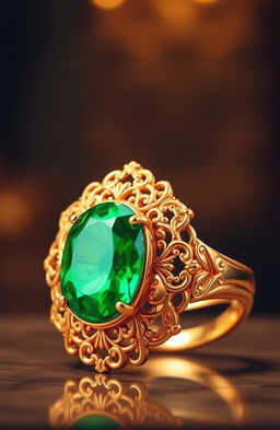 A stunning enlarged gold ring featuring a large, vibrant emerald green gem at its center, surrounded by ornate filigree detailing
