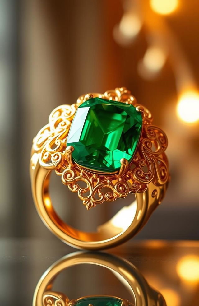 A stunning enlarged gold ring featuring a large, vibrant emerald green gem at its center, surrounded by ornate filigree detailing