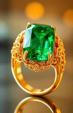 A stunning enlarged gold ring featuring a large, vibrant emerald green gem at its center, surrounded by ornate filigree detailing