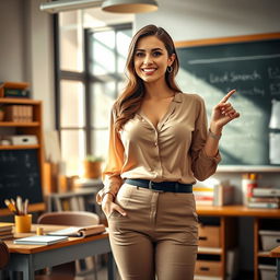 A confident and alluring female teacher in a stylish classroom setting, wearing a fashionable blouse that accentuates her curves, with big breasts and a charming smile